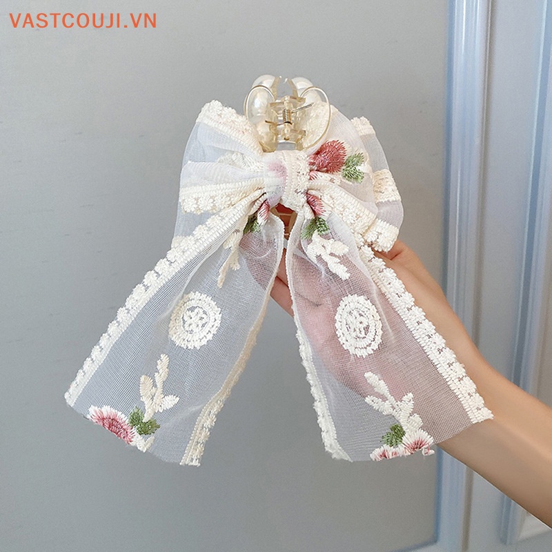 Kẹp Tóc Nơ Vải Ren Thêu Hoa Phong Cách Hàn Quốc Xinh Xắn Cho Bé Gái
