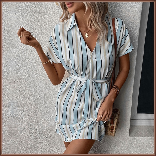 Đầm Sơ Mi Kẻ Sọc Cổ Bẻ Chất Liệu Polyester 100% Thời Trang Mùa Hè Phong Cách Âu Mỹ Cho Nữ 2023