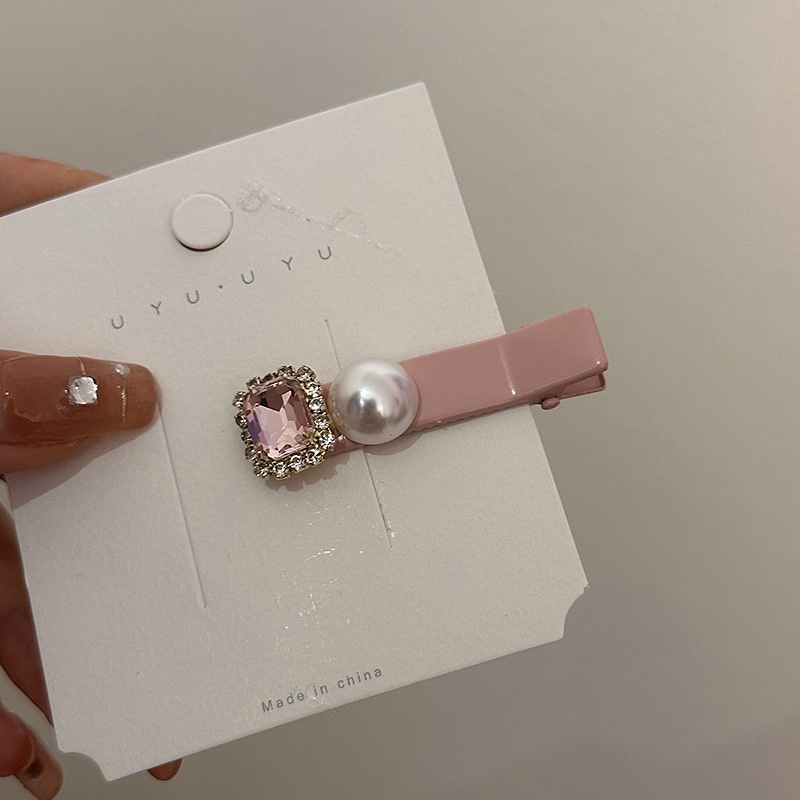 Kẹp Tóc Mỏ Vịt Phẳng Đính Kim Cương &amp; Ngọc Trai Màu Hồng Phong Cách Hàn Quốc Cho Nữ