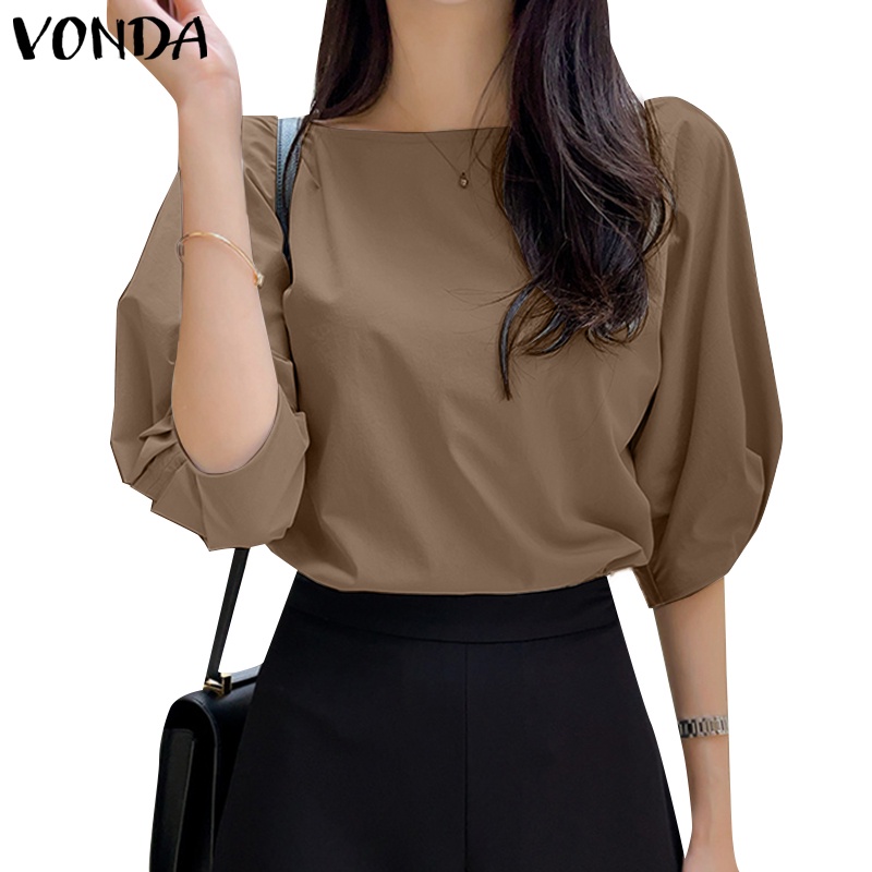 Áo kiểu VONDA cổ vuông tay ngắn màu trơn phong cách Hàn Quốc thời trang cho nữ