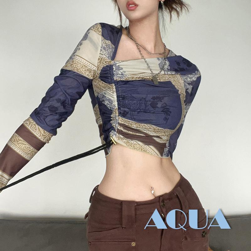 Áo Thun Crop Top Nữ Tay Dài Dáng Ôm In Họa Tiết Kiểu Retro Thời Trang Mùa Thu