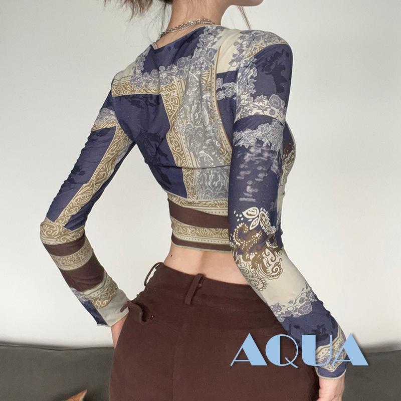 Áo Thun Crop Top Nữ Tay Dài Dáng Ôm In Họa Tiết Kiểu Retro Thời Trang Mùa Thu