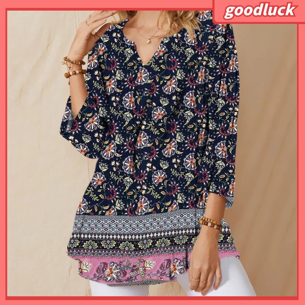 Áo Sơ Mi Tay Lỡ 3 / 4 Cổ Chữ V Họa Tiết Hoa Phong Cách Bohemian Dành Cho Nữ
