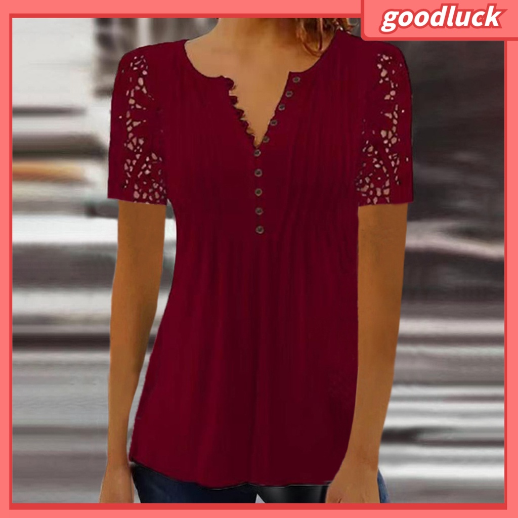 Áo Thun Tay Ngắn Cổ Chữ V Màu Trơn Phối Ren Lưới Xuyên Thấu Thời Trang Mùa Hè Cho Nữ