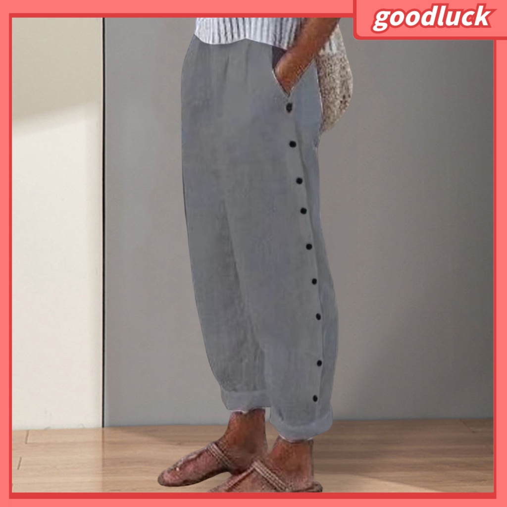 [ULK] Quần Dài Dáng Rộng Lưng Thun Màu Trơn Có Hai Túi Cài Nút Trang Trí Mặc Hàng Ngày Đơn Giản Cho Nữ