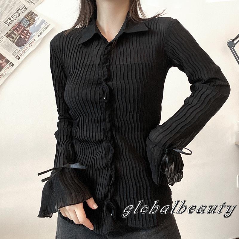 Áo Sơ Mi Tay Dài Loe Màu Sắc Trơn Phong Cách Retro Dành Cho Nữ