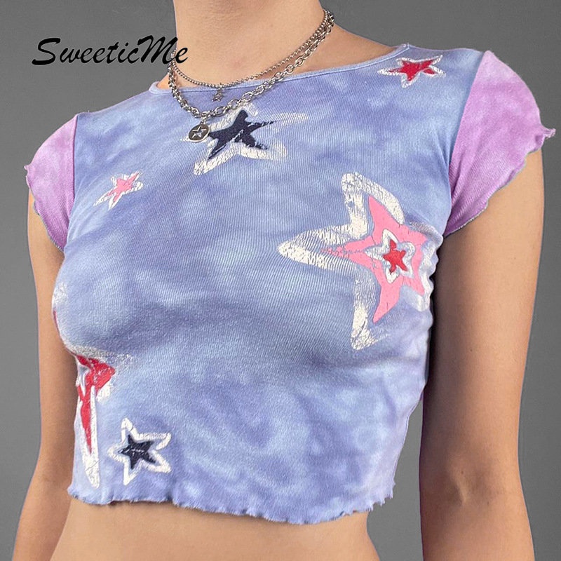 Áo Thun Crop Top Tay Ngắn Cổ Tròn Dáng Ôm In Họa Tiết Ngôi Sao Màu Tương Phản Thời Trang 2023 Cho Bạn Gái