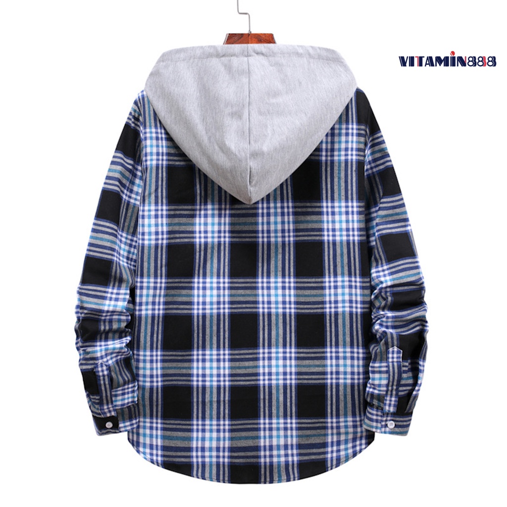 Áo Khoác Sơ Mi Tay Dài Có Mũ Trùm Đầu Dây Rút Một Hàng Nút Kẻ Sọc Caro Mùa Xuân Đường Phố Cho