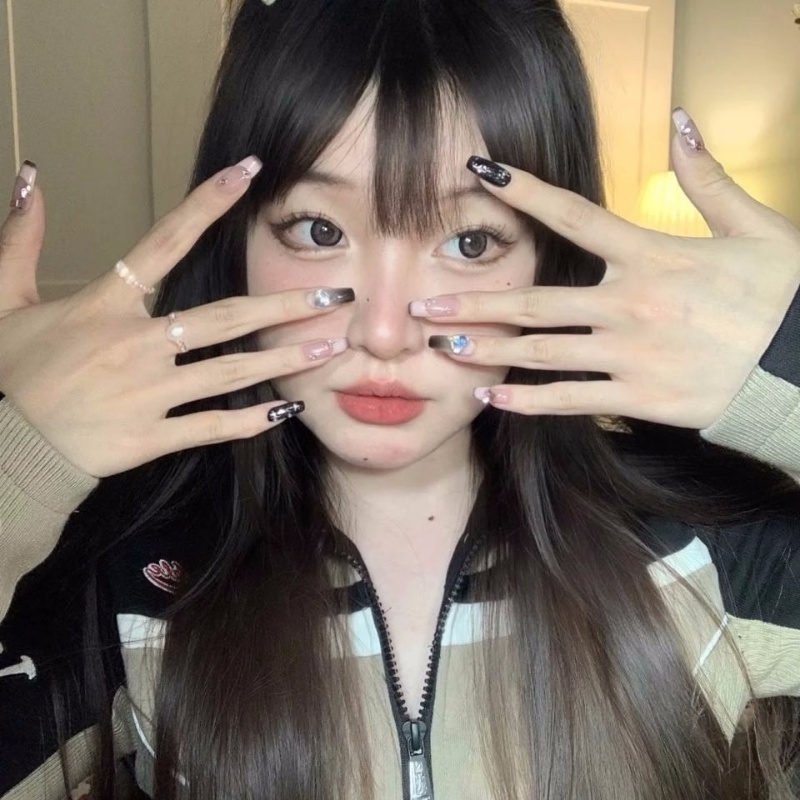 Set 24 Móng Tay Giả Acrylic Dài / Đen / Trắng Y2k Hình Trăng Sao Có Thể Tái Sử Dụng