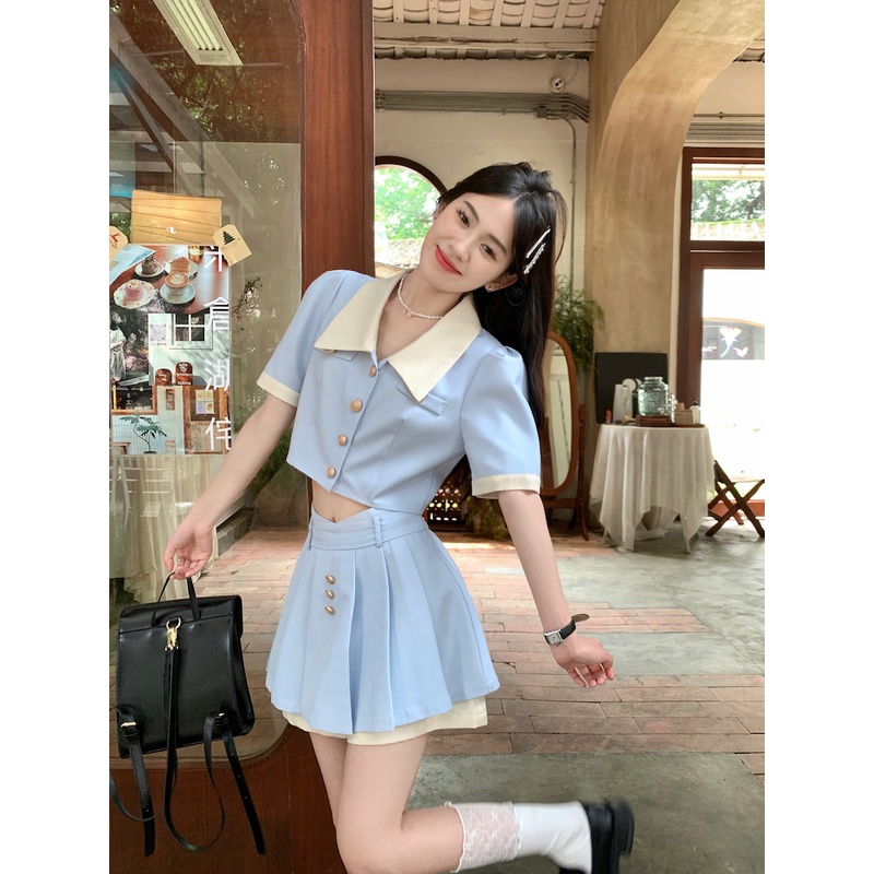 Set Áo Lửng Cổ Bẻ Dài Tay + Quần short Lưng Cao Thời Trang Nữ