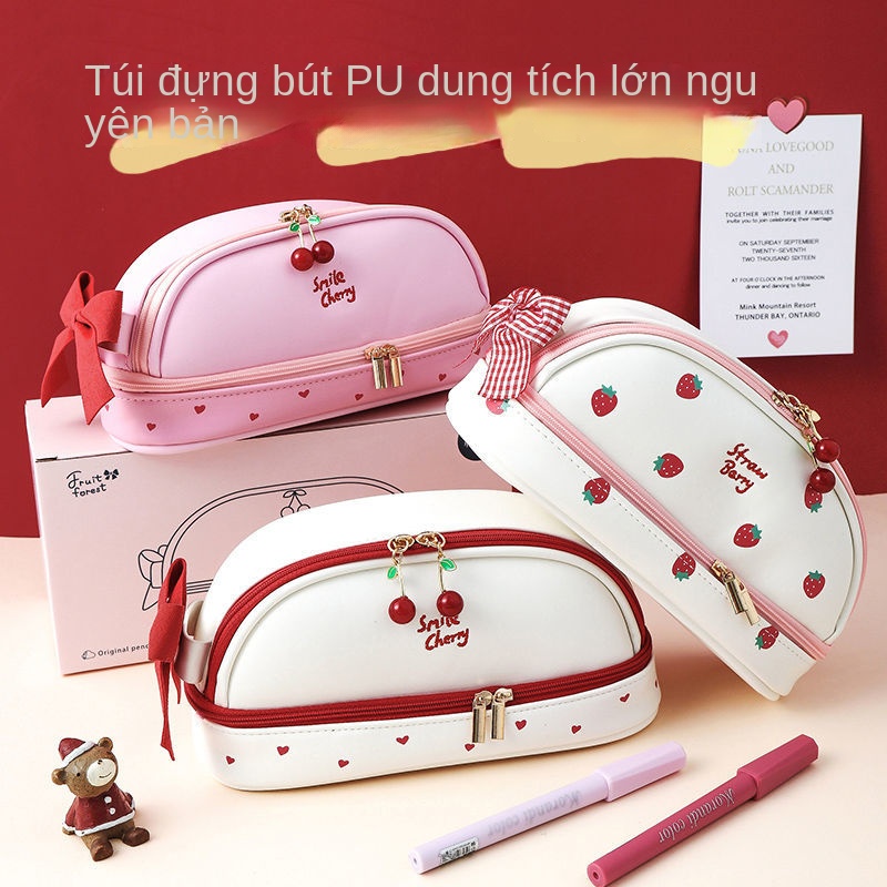 Hộp Đựng Bút Bằng Da Sức Chứa Lớn Họa Tiết Hoa Anh Đào Dễ Thương