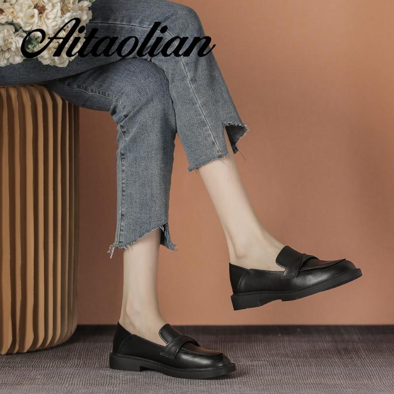 Giày Lười Da Thật Đế Mềm 3cm Phối Khóa Kim Loại Đơn Giản Phong Cách Anh Quốc Cho Nữ Thời Trang