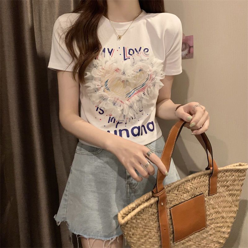 Hàng Có Sẵn Áo Thun Trắng Ngắn Phối Ren In Chữ Niche Thời Trang Mùa Hè