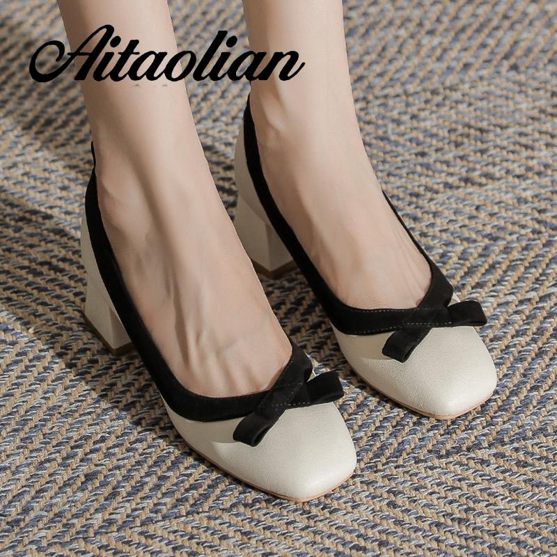 Giày Cao Gót 4cm Da Thật Mũi Vuông Đế Bằng Kiểu retro Thời Trang Cho Nữ mary jane