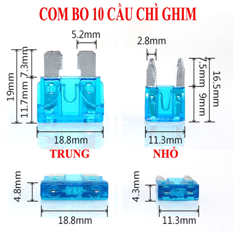 Combo 10 cầu chì ghim dùng cho xe điện, xe máy, ô tô