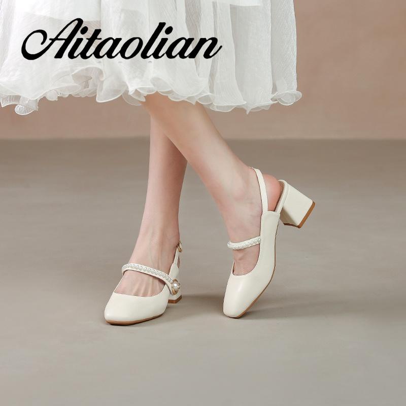 Xăng đan Cao Gót 5cm Da Mềm Mũi Vuông Màu Trơn Đính Ngọc Trai Thời Trang Cho Nữ