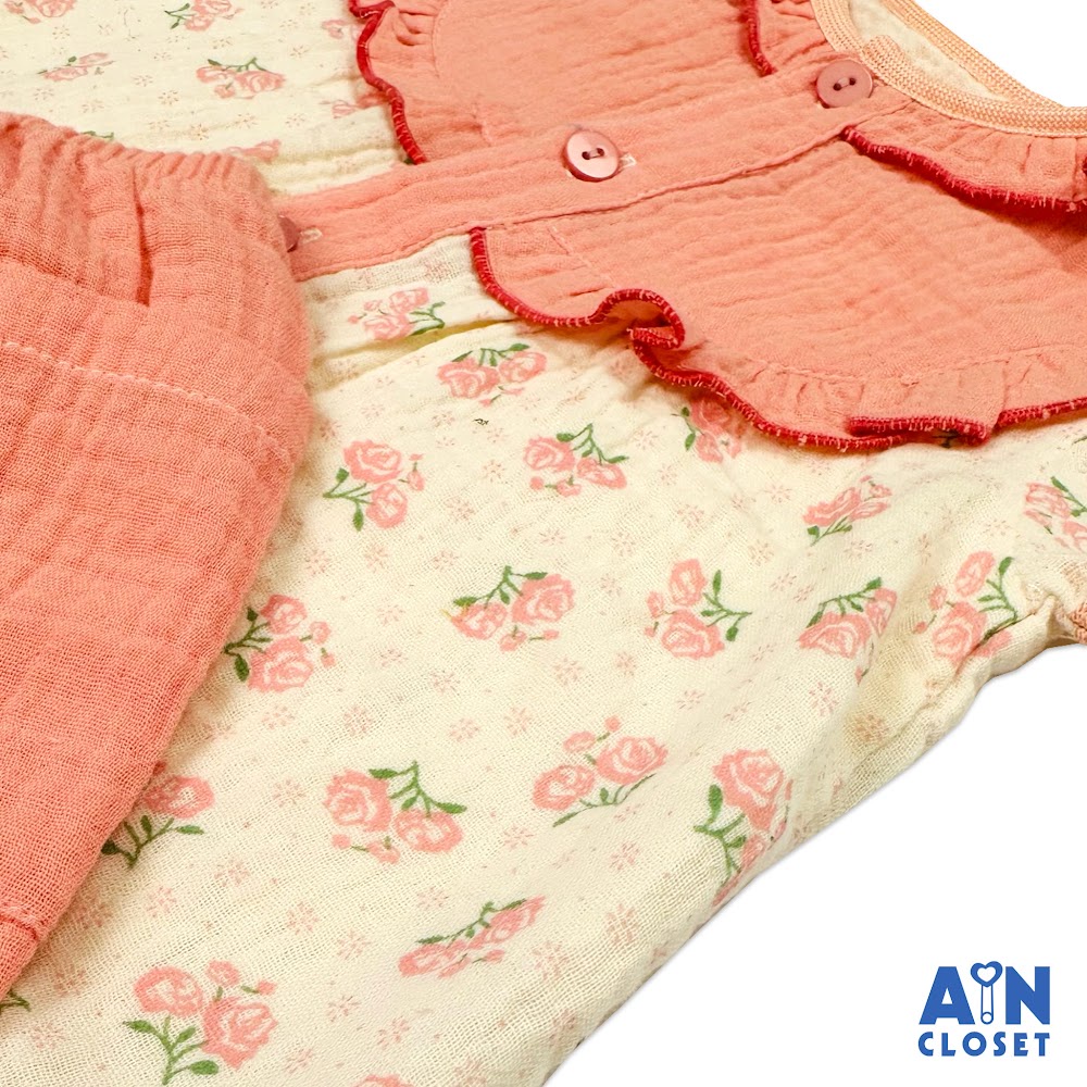 Bộ quần áo dài tay ngắn bé gái họa tiết Bó Hồng xô muslin - AICDBGY3ELDB - AIN Closet