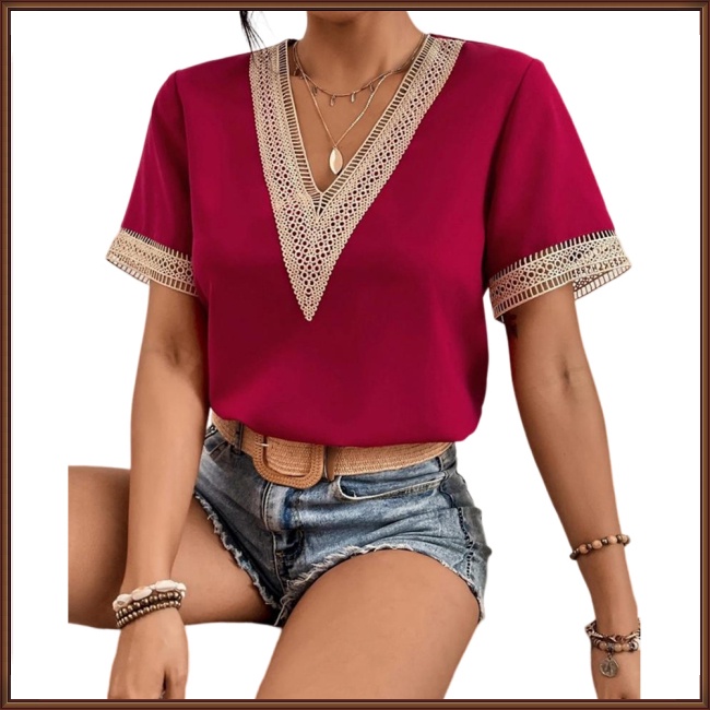 Áo Thun 100% Polyester 2023 Tay Ngắn Cổ Chữ V Phối Ren Dáng Rộng Cho Nữ