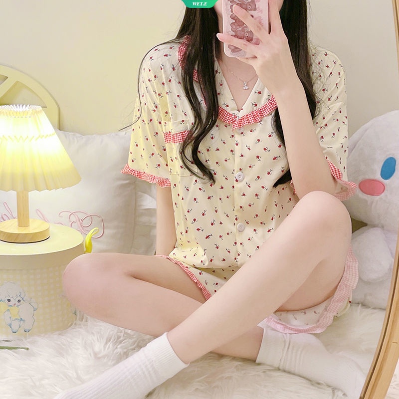 Bộ Đồ Ngủ Ngắn Tay Dáng Rộng In Hoa Dễ Thương Phong Cách Hàn Quốc Cho Nữ
