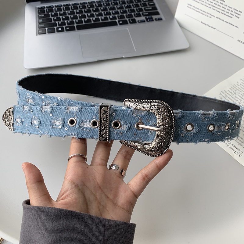 Thắt Lưng Vải Denim Phối Da Phong Cách hip hop Hàn Quốc Thời Trang Cho Nữ