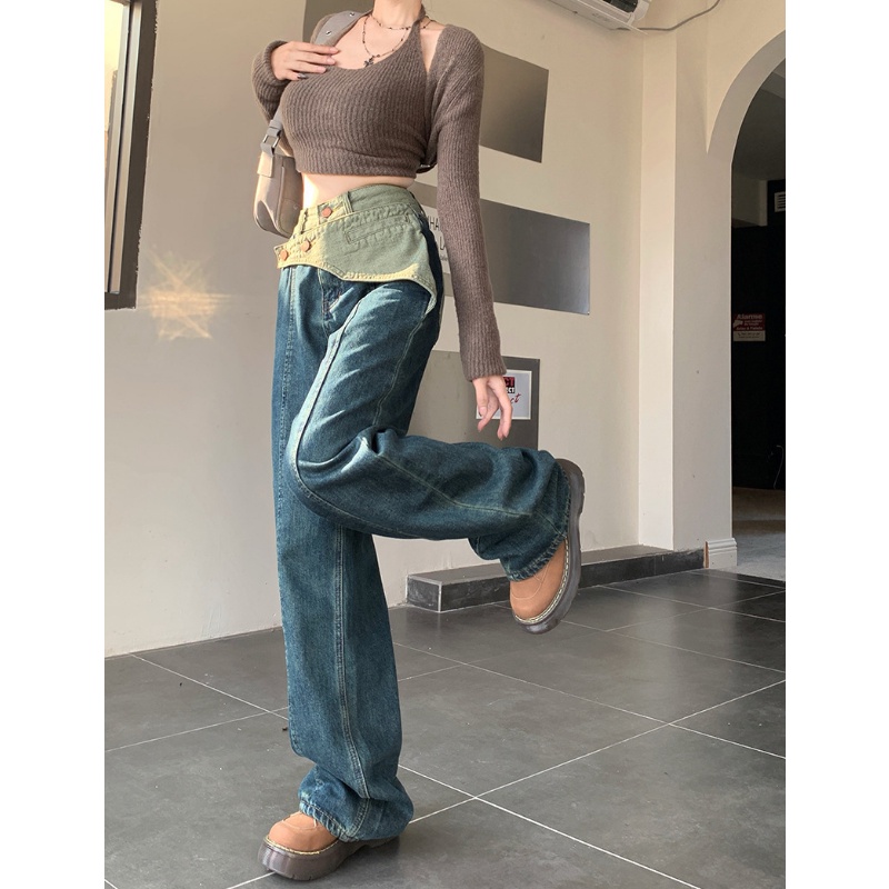 Quần Jean Dài Lưng Cao Ống Rộng Thời Trang Cá Tính Trẻ Trung