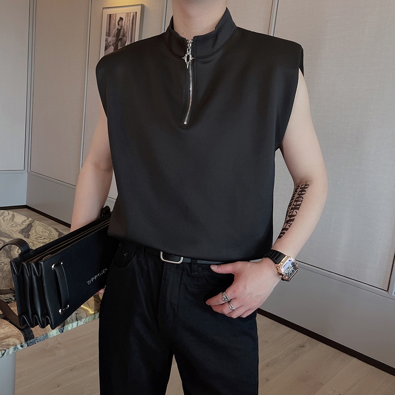 Áo Thun Sát Nách Cổ Đứng Có Khóa Kéo Màu Trơn Thời Trang Mùa Hè Cho Nam