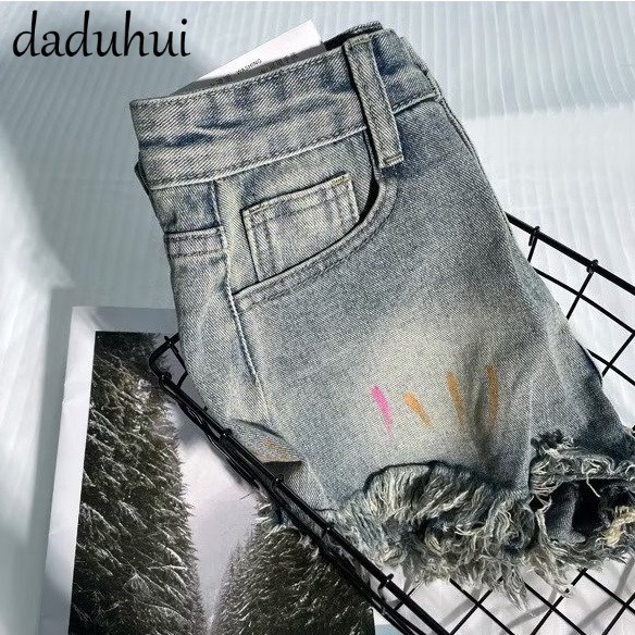 Daduhui New Korean Version of Ins Denim Shorts Women's Raw Edge High Waist A- line Pants Large Size Hot Pants