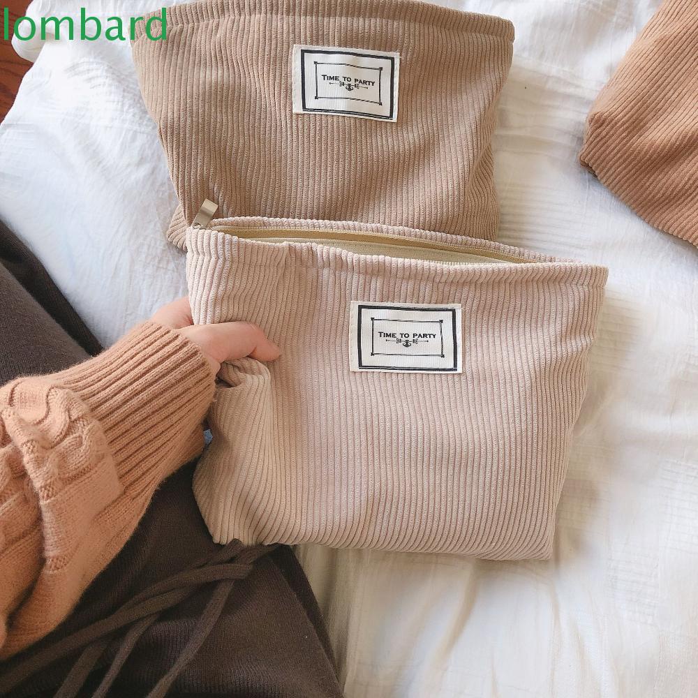 Túi Đựng Mỹ Phẩm Xách Tay Bằng Vải Nhung Kẻ Màu Trơn Phong Cách Hàn Quốc