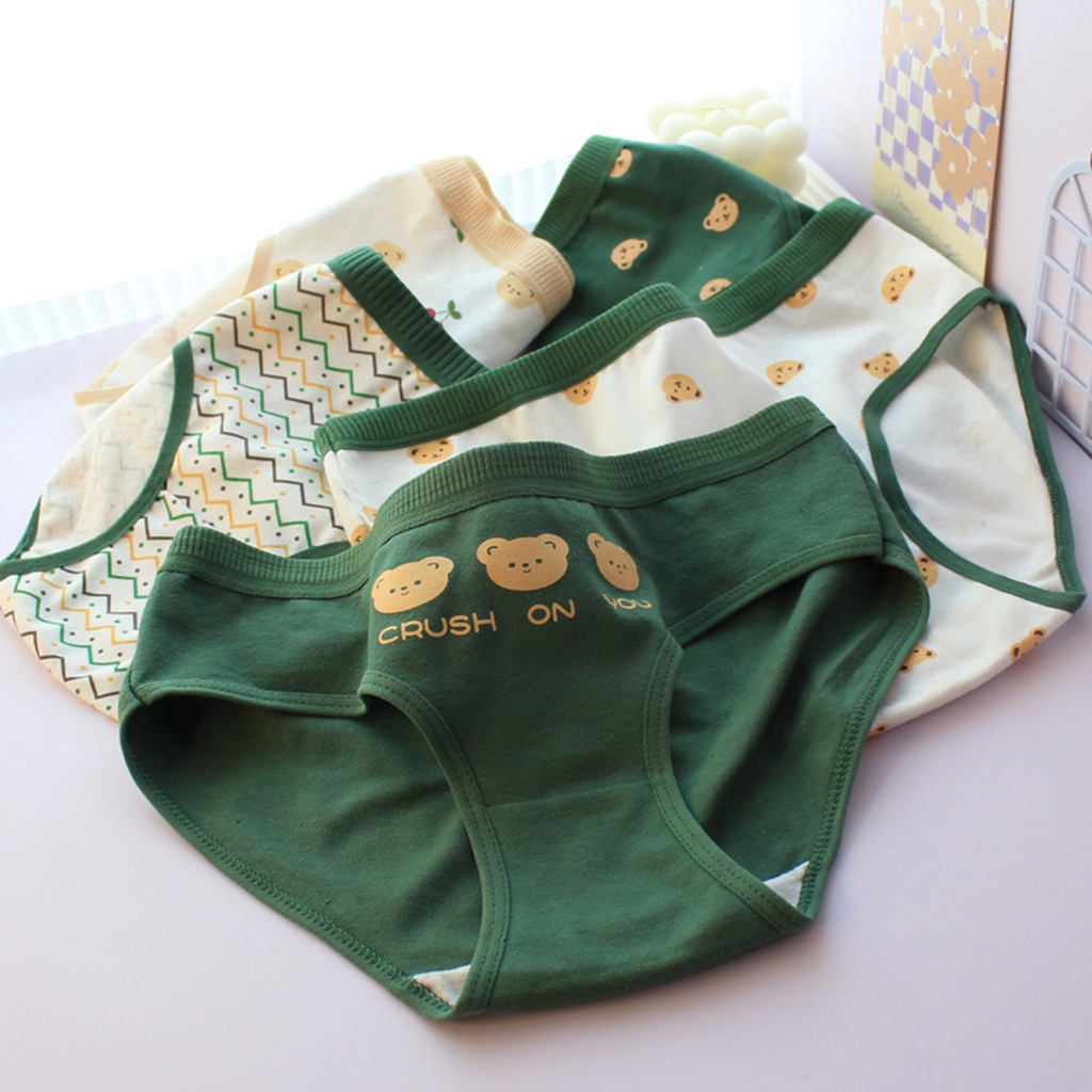 1 Quần Lót Cotton Lưng Vừa Màu Xanh Lá In Hình Gấu Đơn Giản Thời Trang Nhật Bản