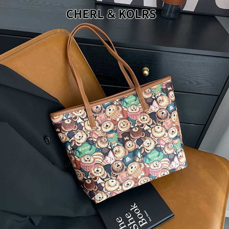 CHERLKOLRS Túi Tote Đeo Vai Sức Chứa Lớn Họa Tiết Gấu Hợp Thời Trang Cho Nữ