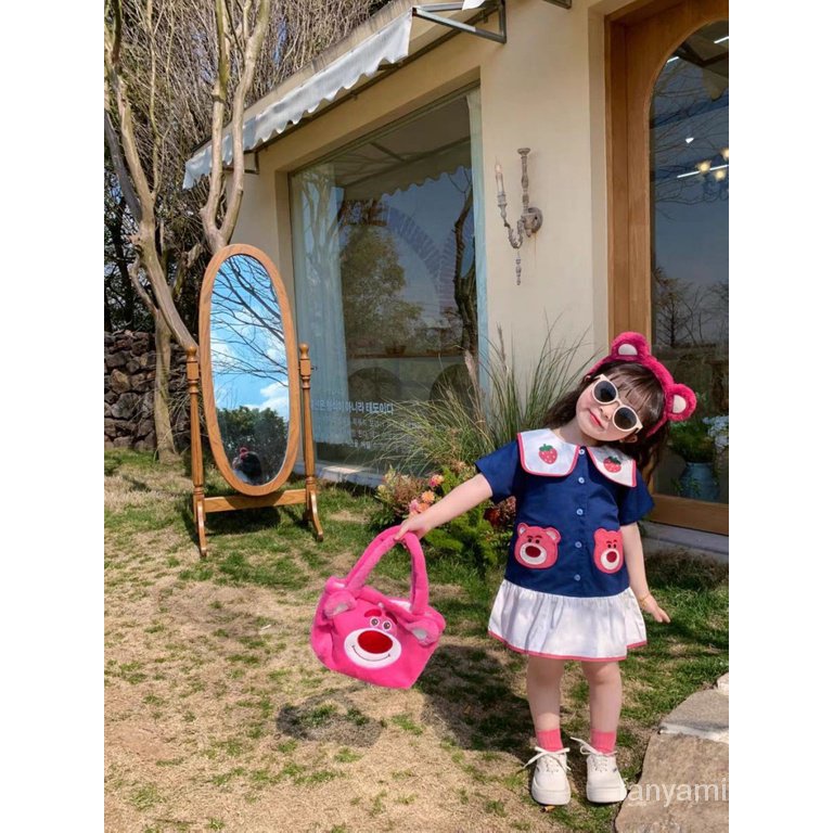 Đầm Tay Ngắn Chất Liệu Cotton Thời Trang Mùa Hè 2023 4AWD Họa Tiết Chú Gấu / Dâu Tây Dễ Thương Cho Bé