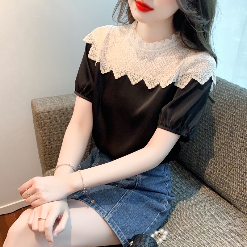 Áo chiffon MULTIPLICATION ôm dáng phối ren ngọt ngào dễ phối đồ phong cách mới mùa hè