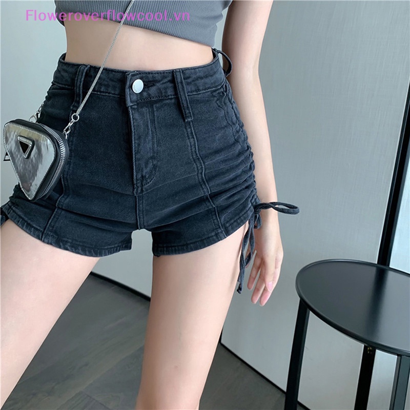 Quần Short Jean Lưng Cao Kiểu Dây Rút Thời Trang Cá Tính Cho Nữ