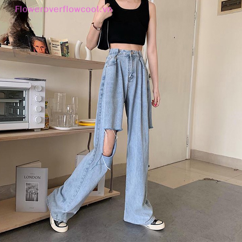 FOFC Women's Hole Loose Jeans Summer Vintage Wide Leg Pants High Waist Ripped Straight Fashion Denim Ladies Pants HOT