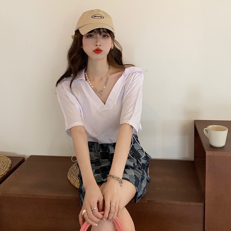IELGY    Áo Thun crop top Tay Ngắn Cổ polo Eo Cao Thời Trang Dành Cho Nữ