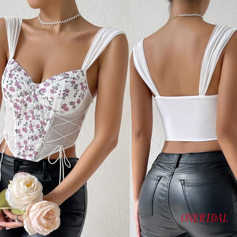 Áo Croptop Sát Nách Cổ Chữ V Phối Lưới In Họa Tiết Hoa Thời Trang Mùa Hè Cho Nữ