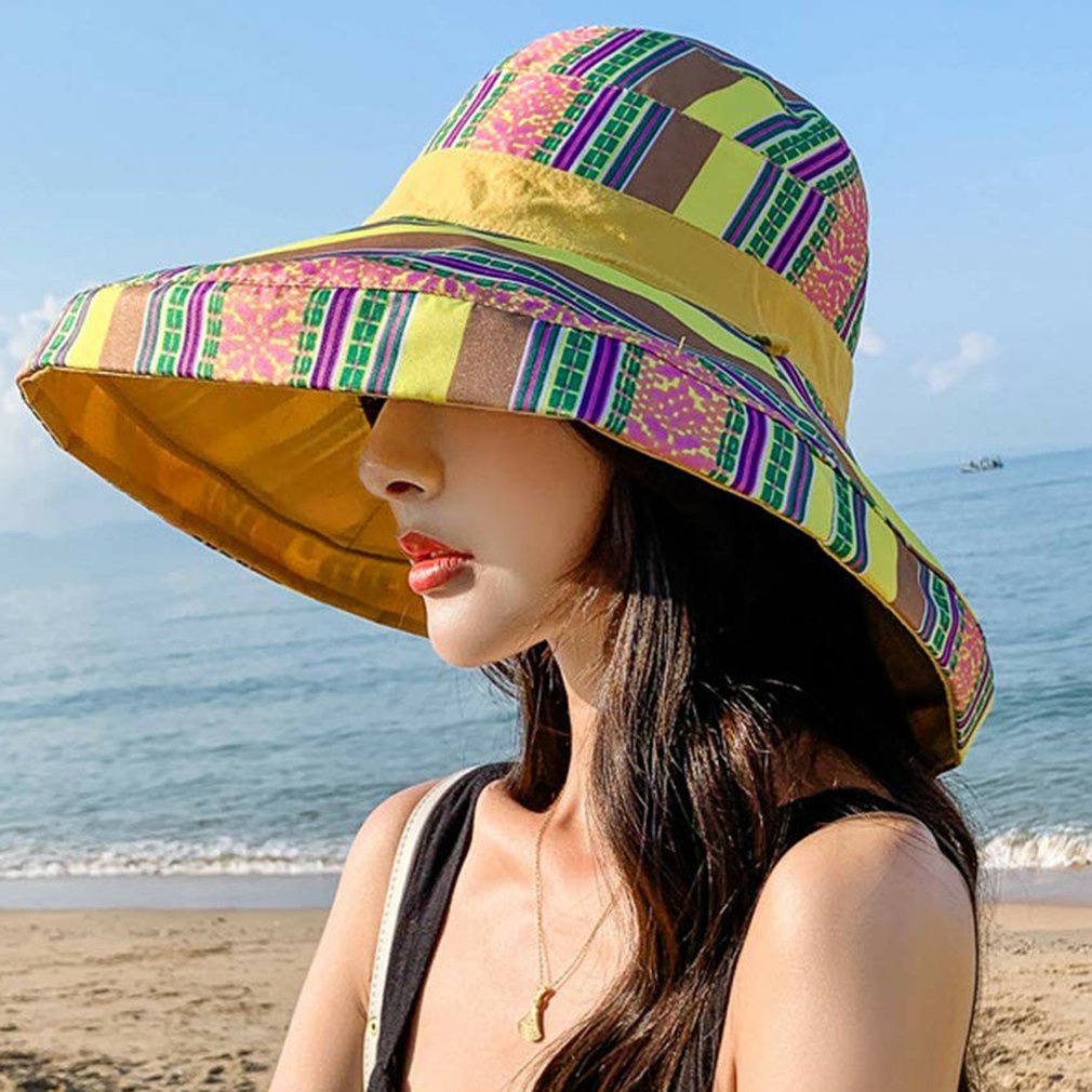 Bucket Hat Women'S Summer Foldable Big Wide Brim Sunscreen Anti-Uv Sun Cap Double-Sided Beach Fisherman Visor [Q/4]