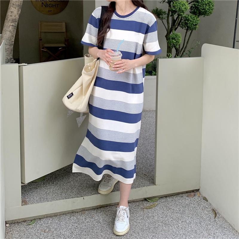 SUXI Đầm Midi Tay Ngắn Cổ Tròn Dáng Rộng Họa Tiết Kẻ Sọc Thời Trang Mùa Hè Xinh Xắn Cho Nữ