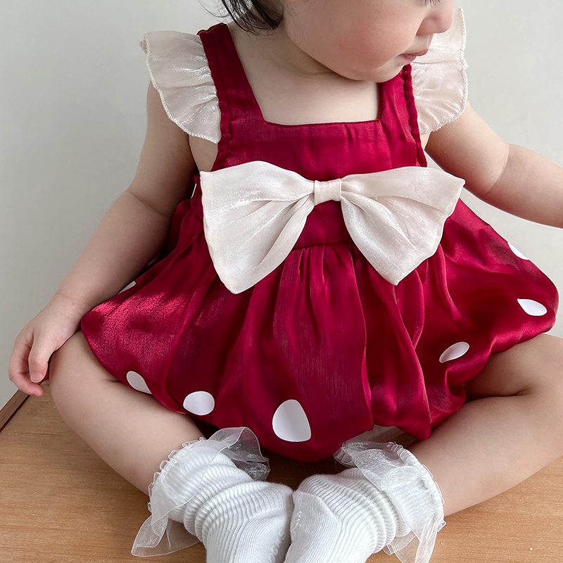 Đầm Công Chúa Hai Lớp Đính Nơ To Màu Đỏ Dễ Thương Thời Trang Mùa Hè Cho Bé Gái