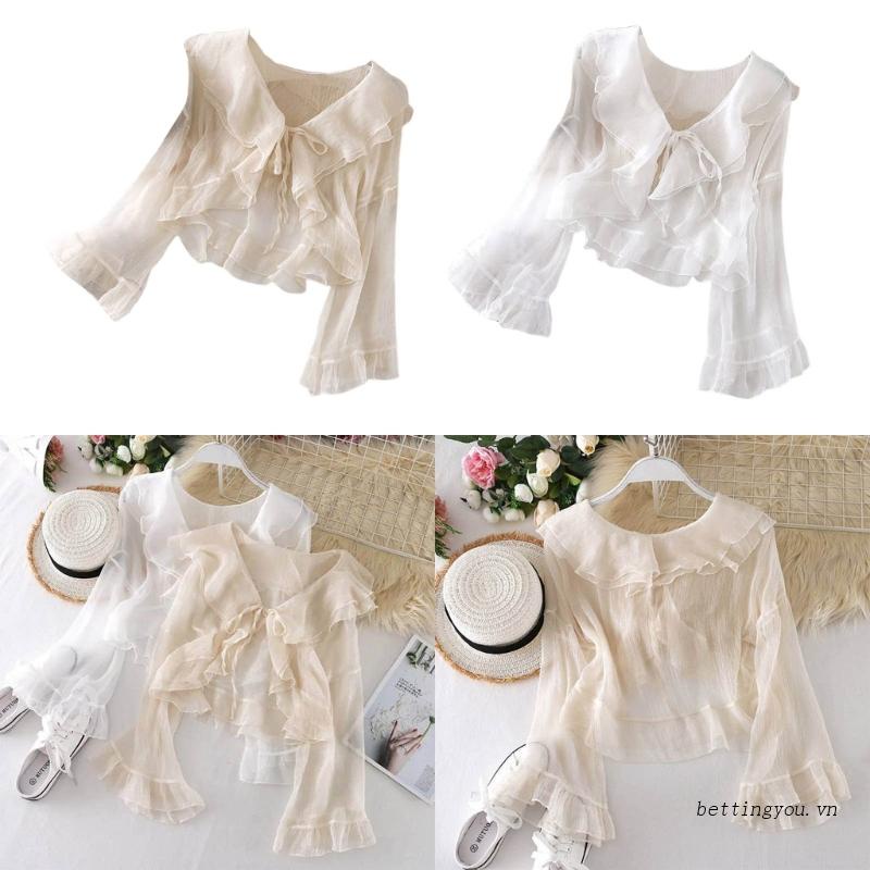 Áo Cardigan Chiffon Tay Dài Cổ Lá Sen Màu Trơn Thắt Nơ Thời Trang Mùa Hè
