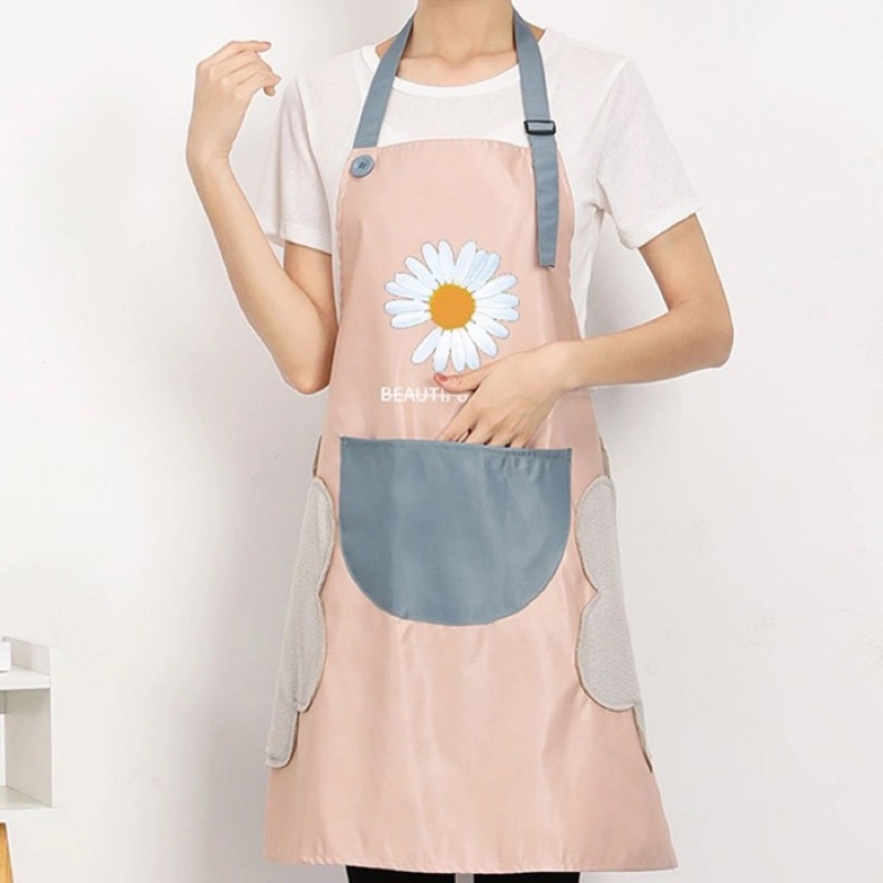 Tạp dề hoa cúc phong cách Hàn Quốc có túi đựng,bông lau hai bên siêu tiện