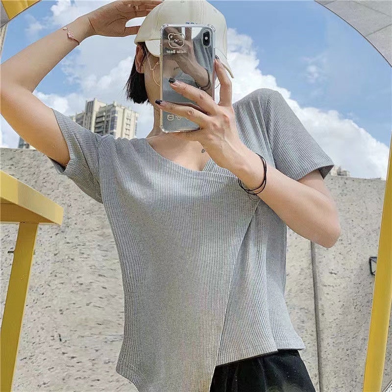 Áo Thun Tay Ngắn Cổ Chữ V Dáng Ôm Thời Trang Mùa Hè Hàng Mới 2023 Dành Cho Bạn Nữ