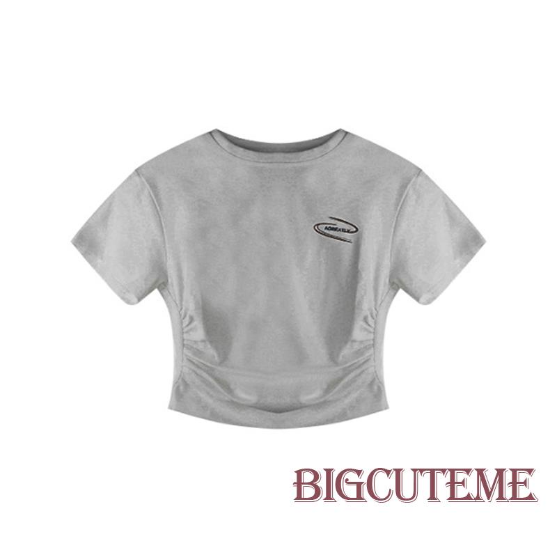 [] Áo Croptop Ôm Dáng Tay Ngắn Cổ Tròn In Chữ Cho Nữ