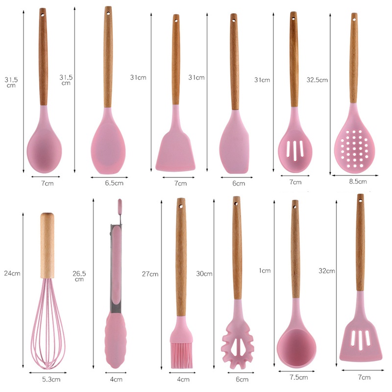 Bộ 12 Dụng Cụ Nấu Ăn Bằng Silicone Tay Cầm Gỗ Chịu Nhiệt Độ Cao Chống Dính