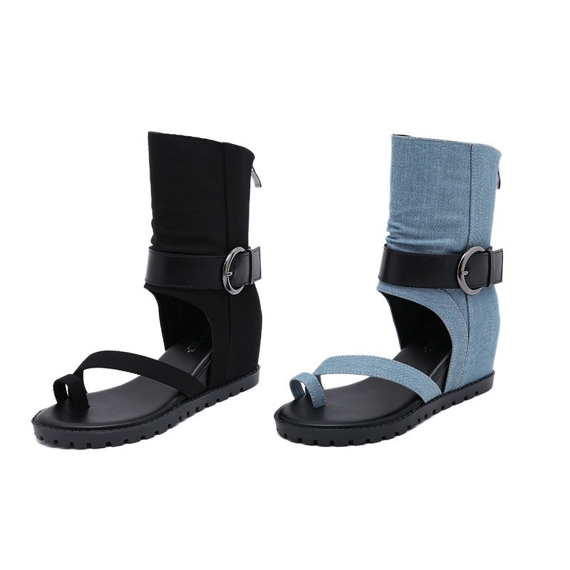 Giày Sandal Denim Đế Bằng Cao Gót Thoải Mái Phong Cách Roman