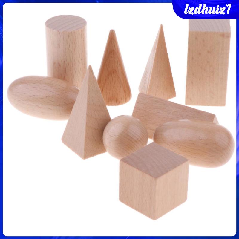 Bộ 10 Khối Gỗ Hình Học 3D Màu Trơn Dành Cho Trẻ Mẫu Giáo