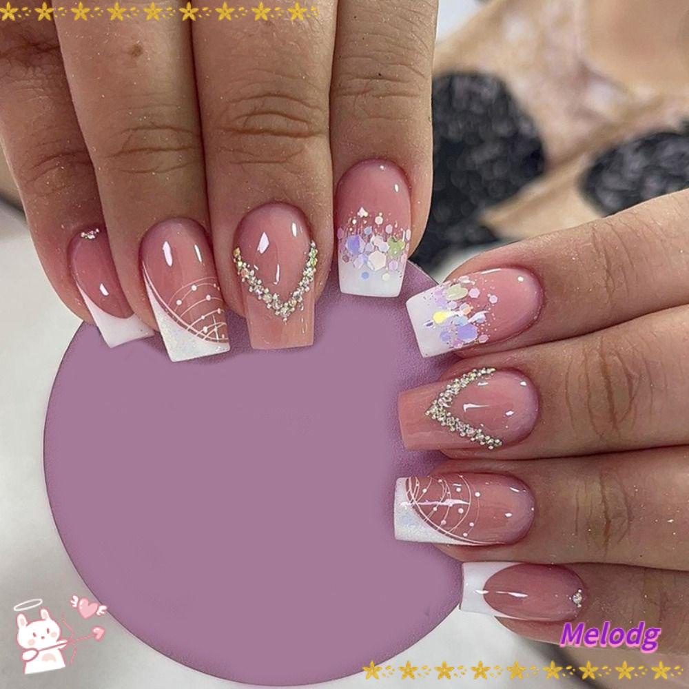 MELODG Bộ 24 Móng Tay Giả Đính Pha Lê Trang Trí Móng Tay Có Thể Tháo Rời DIY