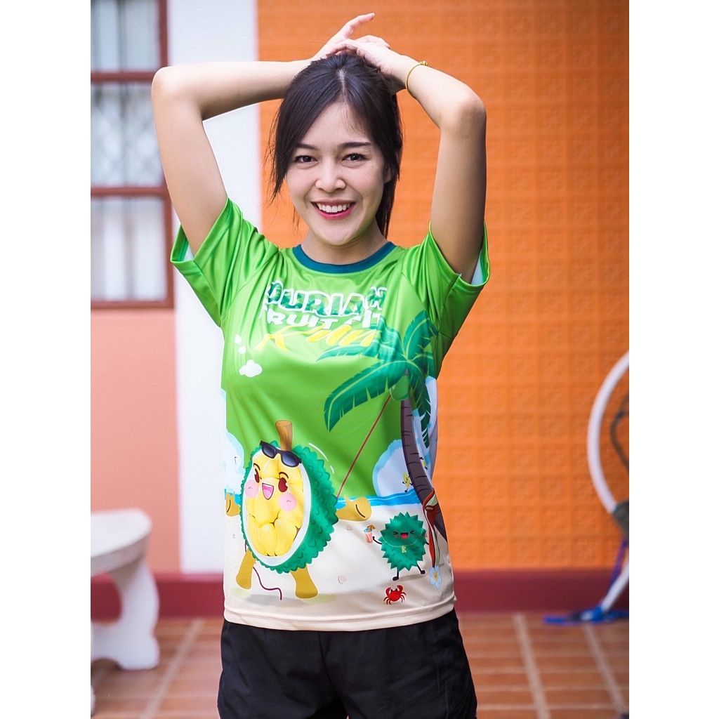 Áo Sơ Mi Chạy Bộ Họa Tiết Sầu Riêng Màu Xanh Lá Cây Hình Trái Sầu Riêng