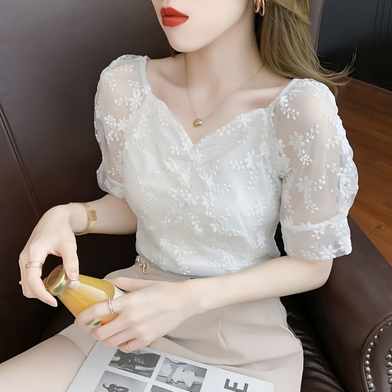 Áo Chiffon Trễ Vai Tay Ngắn Phối Ren Thời Trang Mùa Hè Kiểu Mới Cho Nữ
