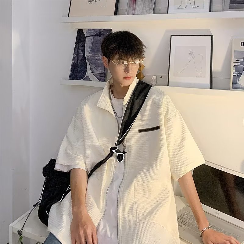 Áo Khoác Tay Ngắn Cổ Đứng Có Khóa Kéo Phong Cách Retro Mỹ Cá Tính Cho Nam Nữ